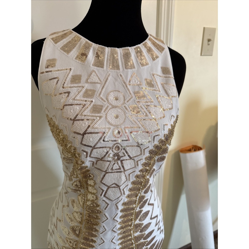 A'GACI White and Gold Geometric Sequin Midi Bodycon Dress Size Medium Y2K 2010s - Picture 2 of 7